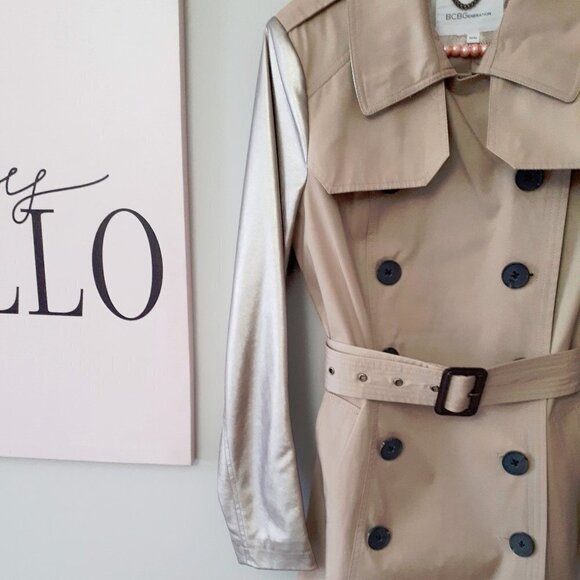 Preloved BCBG belted khaki gold faux leather sleeve trench coat jacket - Picture 11 of 16